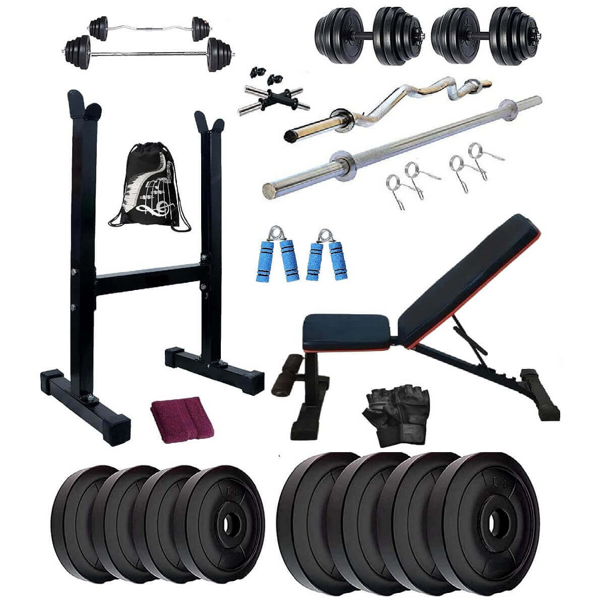 Bodyfit Weight Lifting Adjustable Multi-Level Bench+ Biceps Stand Combo,  (20Kg-100Kg) Weight Plates, Rods for Home Gym Set Body Strength Training n  Abdominal Workout, Exercise Set – Sports Wing