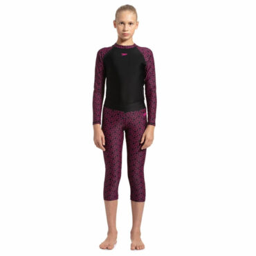 Speedo Boomstar Allover Printed Active Capri for Girls (Black-Electric Pink)