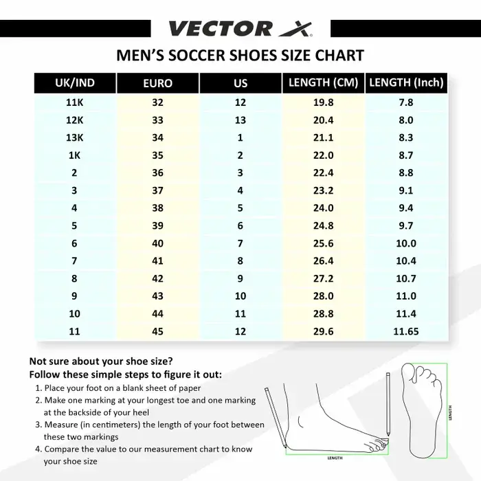 Vectorx Football Shoes size chart