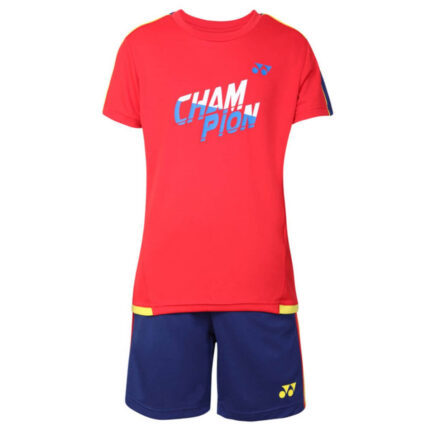 Yonex 1593 Round Neck T-Shirt and Short set for Junior (HighRisk Red) (1)