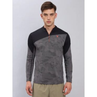 Technosport Men's Active Zip Neck Full Sleeve T-Shirt-P612 (Carbon)
