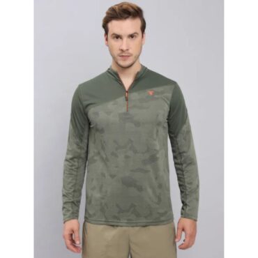 Technosport Men's Active Zip Neck Full Sleeve T-Shirt-P612 (Olive)
