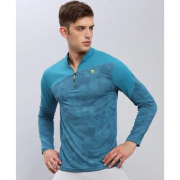 Technosport Men's Active Zip Neck Full Sleeve T-Shirt-P612 (Teal)