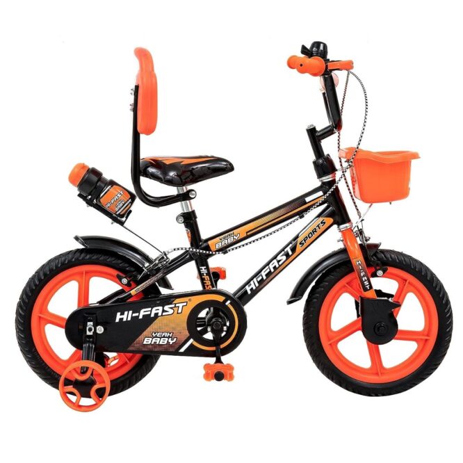 HI-FAST 14 inch Sports Kids Cycle for Boys & Girls 2 to 5 Years with Training Wheels (95% Assembled), (Orange)
