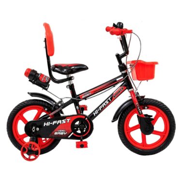 HI-FAST 14 inch Sports Kids Cycle for Boys & Girls 2 to 5 Years with Training Wheels (95% Assembled), (Red)